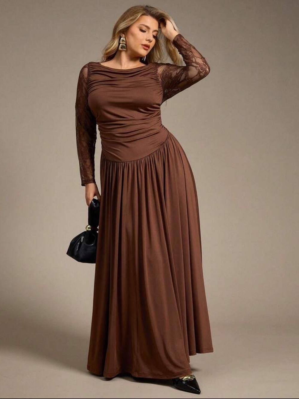 NEW Size 14 1XL Brown Long-Sleeved Lace Maxi Dress